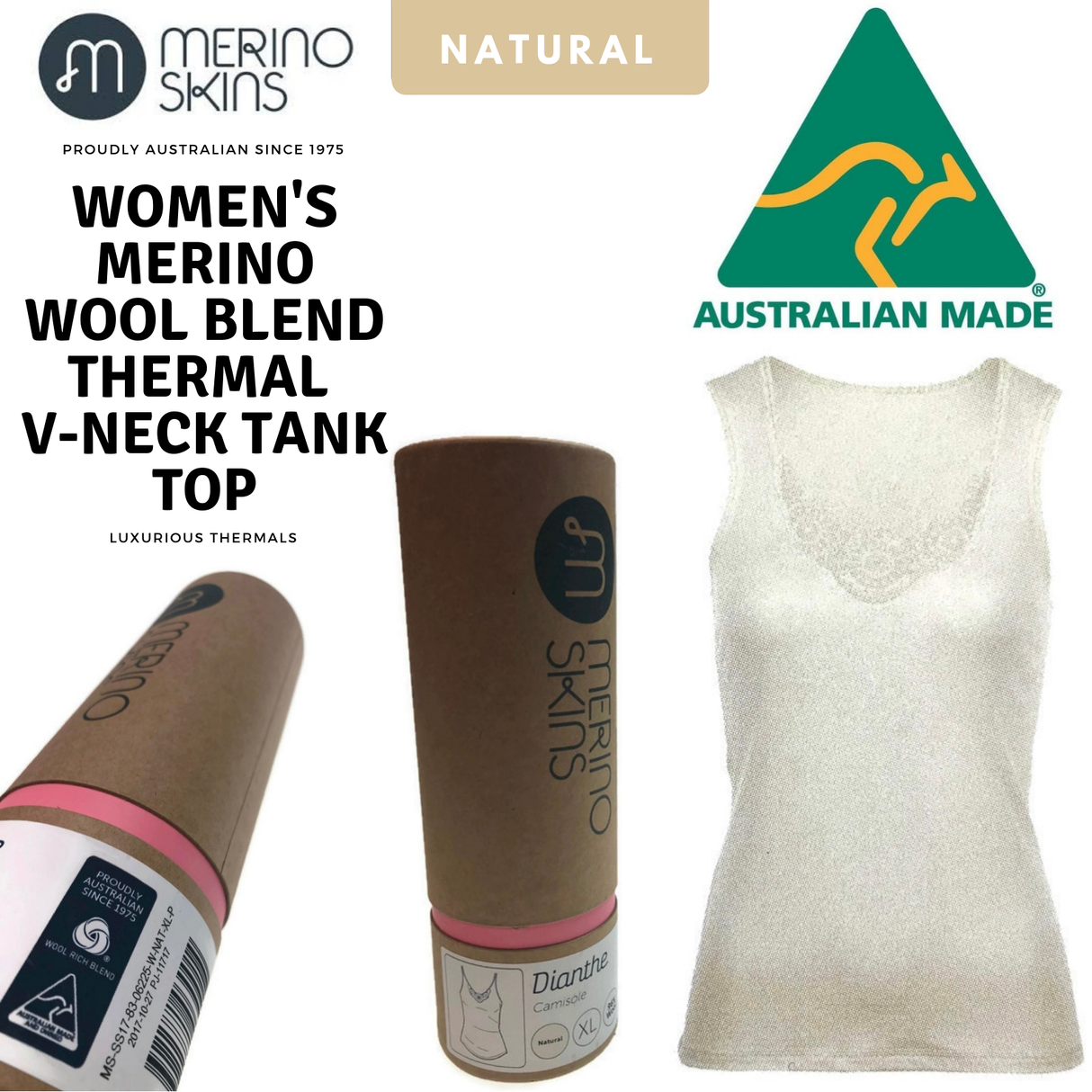 MERINO SKINS Ladies Dianthe Tank Top Thermal Merino Wool Rich Thermals - Natural