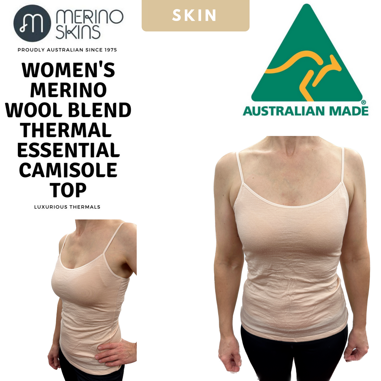 MERINO SKINS Womens Camisole Wool Thermal Underwear Top Cami Baselayer - Skin