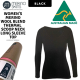 MERINO SKINS Ladies Scoop Neck Long Sleeve Top Thermals - Black