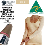 MERINO SKINS Womens Scoop Neck Long Sleeve Top Wool Warm Thermals - Skin