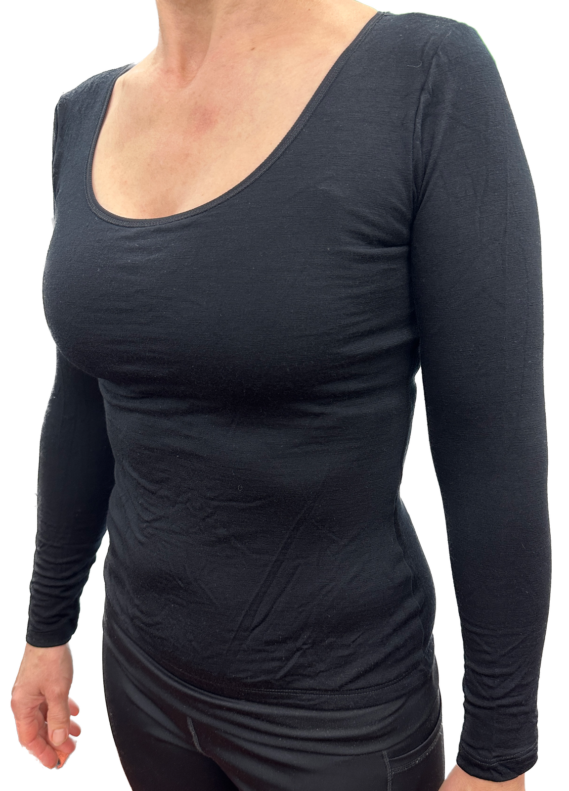 Merino Skins Womens Essential Skin Scoop Neck Long Sleeve Thermal Underwear - Black