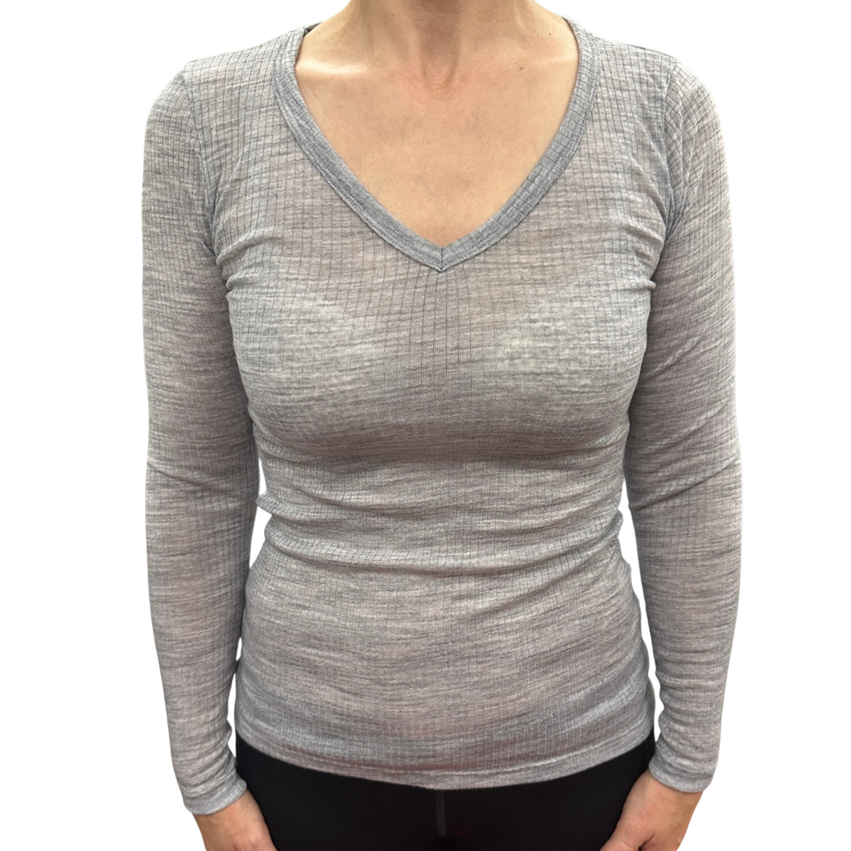 Merino Skins Verona Womens V-Neck Long Sleeve Thermal Underwear Soft Grey Marle