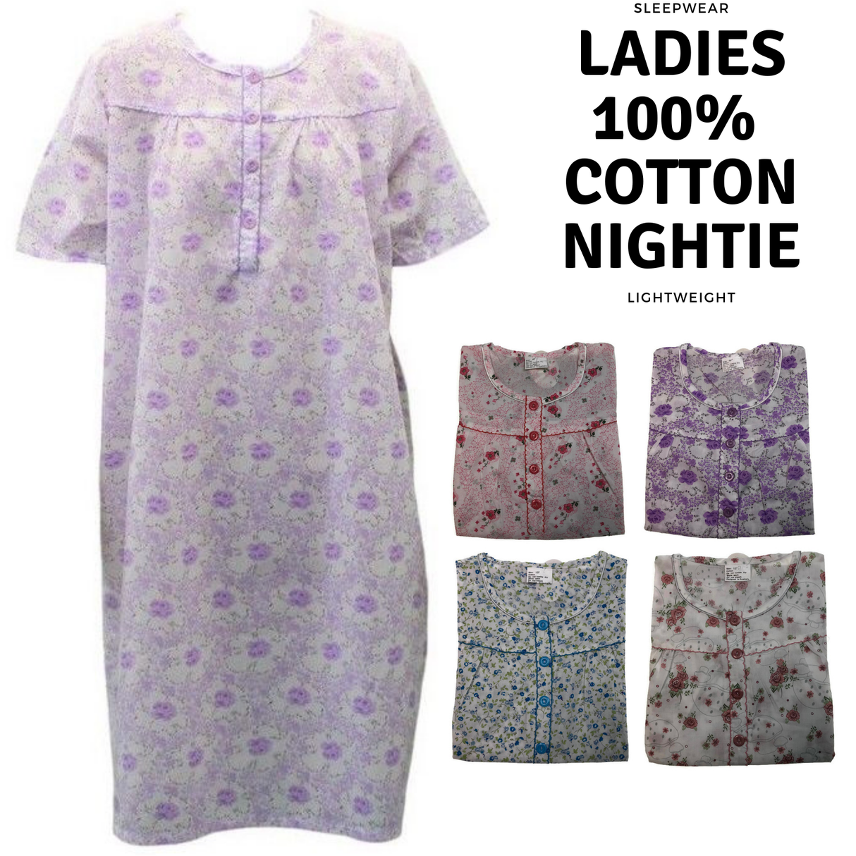 Womens 100% Cotton Short Sleeve Nightie Gown Night Sleepwear Pyjamas PJ Pajamas