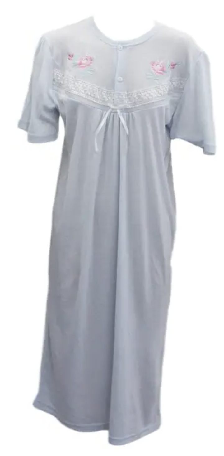 Womens Ladies Cotton Blend Nightie Night Gown Pajamas Pyjamas Sleepwear PJ - Blue