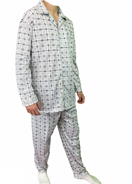 Mens Cotton Pajamas Pyjamas PJs Long Sleeve Shirt Tops + Pants Set Sleepwear - White/Blue