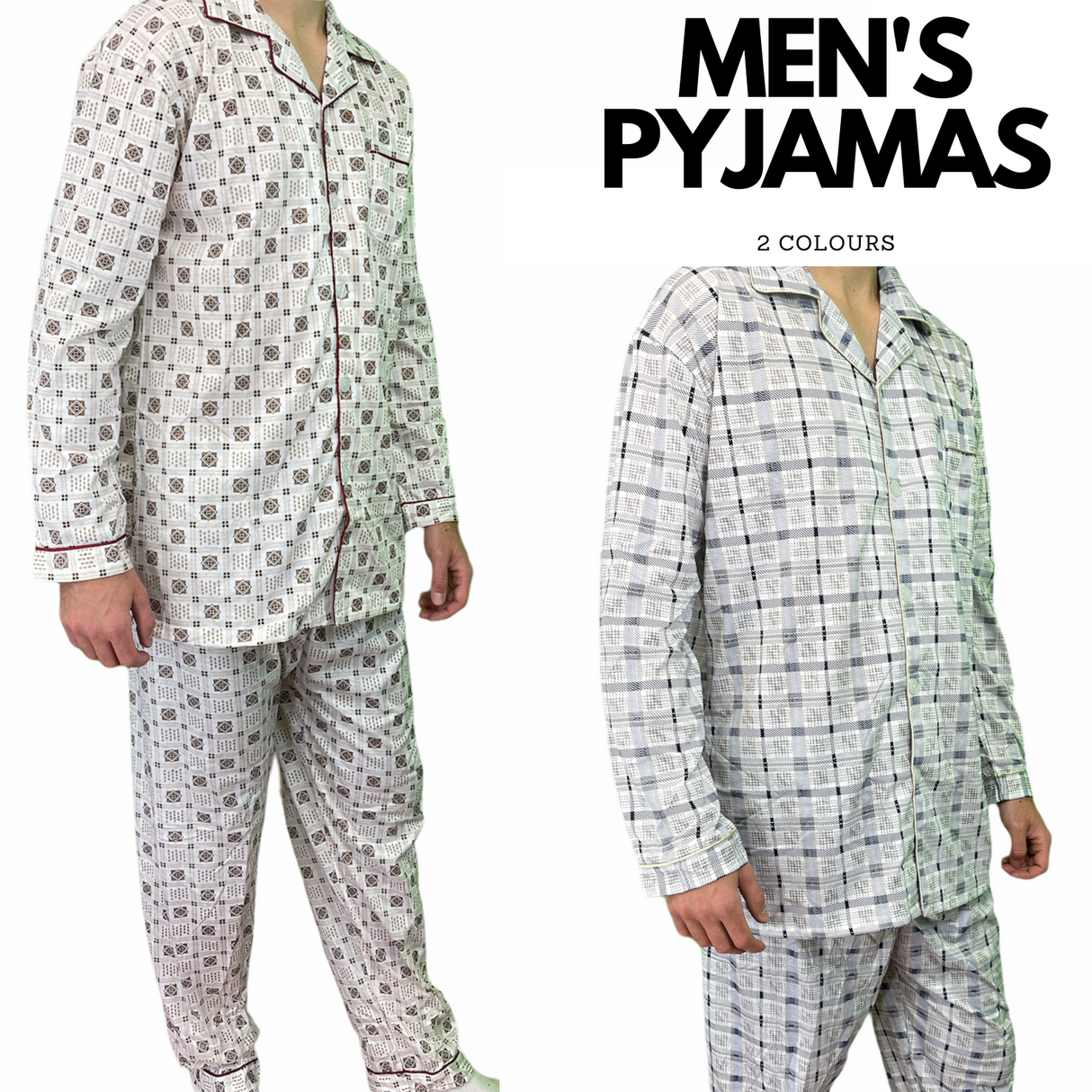 Mens Cotton Pajamas Pyjamas PJs Long Sleeve Shirt Tops + Pants Set Sleepwear