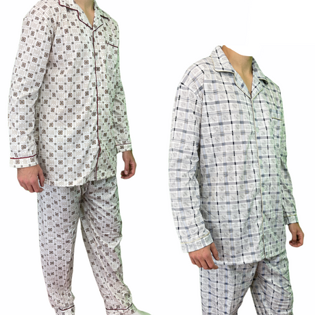 Mens Cotton Pajamas Pyjamas PJs Long Sleeve Shirt Tops + Pants Set Sleepwear - White/Blue