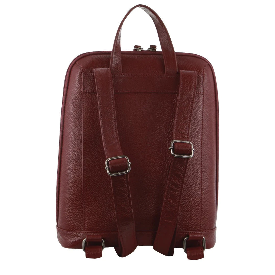 Milleni Ladies Nappa Leather Bag Twin Zip Backpack w/ Zipped Pocket - Cabernet Red