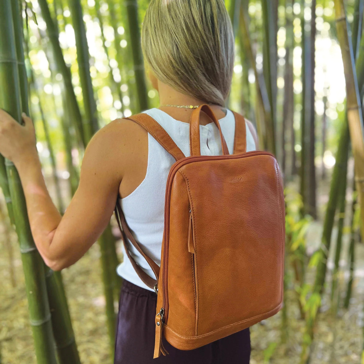 Milleni Ladies Backpack Shoulder Bag Nappa Leather Womens Rucksack - Cognac