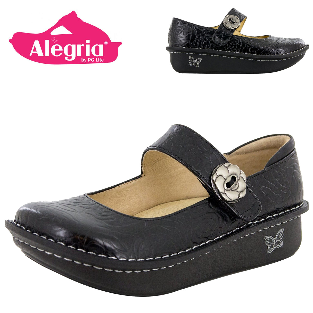 ALEGRIA Nursing Shoes Slip On Womens Work Working Hospitality - Black Embossed Rose