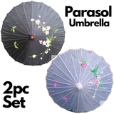 2pc Set Parasol Umbrella Black + White Chinese Japanese Bamboo Flower Pattern