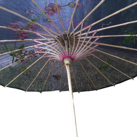 2pc Set Parasol Umbrella Black + White Chinese Japanese Bamboo Flower Pattern