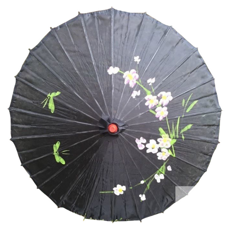 2pc Set Parasol Umbrella Black + White Chinese Japanese Bamboo Flower Pattern