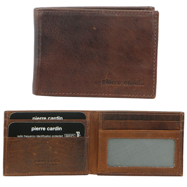 Pierre Cardin Mens RFID Slim Wallet Genuine Italian Leather w Gift Box - Cognac