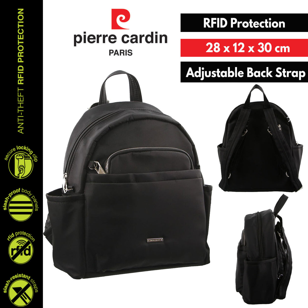 Pierre Cardin Nylon Backpack RFID Anti-Theft Slash Proof - Black