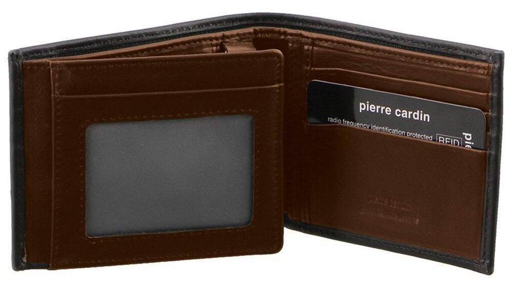 Pierre Cardin Italian Genuine Leather Mens Two Tone Bi Fold Wallet- Black/Cognac