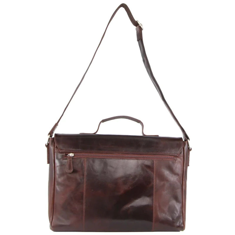 Pierre Cardin Mens Rustic Leather Flap Over 15" Laptop Computer Bag - Dark Chocolate