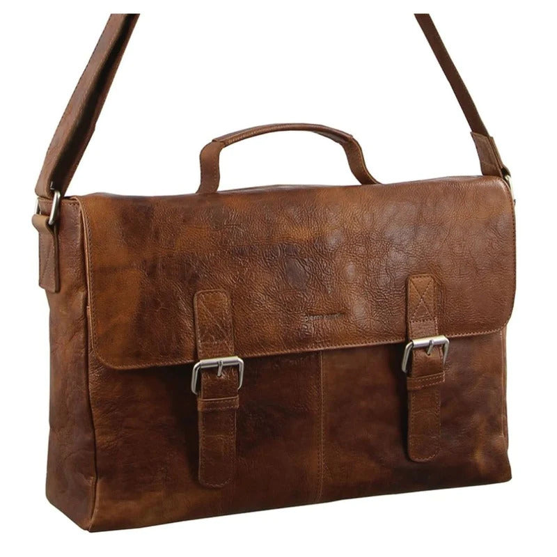 Pierre Cardin Mens Rustic Leather Flap Over 15" Laptop Computer Bag - Cognac