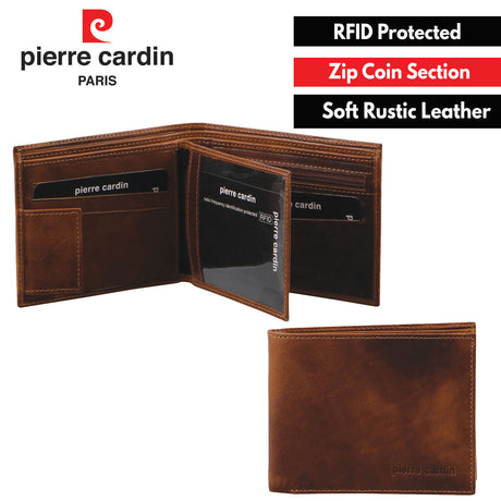 Pierre Cardin Mens Soft Rustic Leather RFID Protected Wallet - Cognac