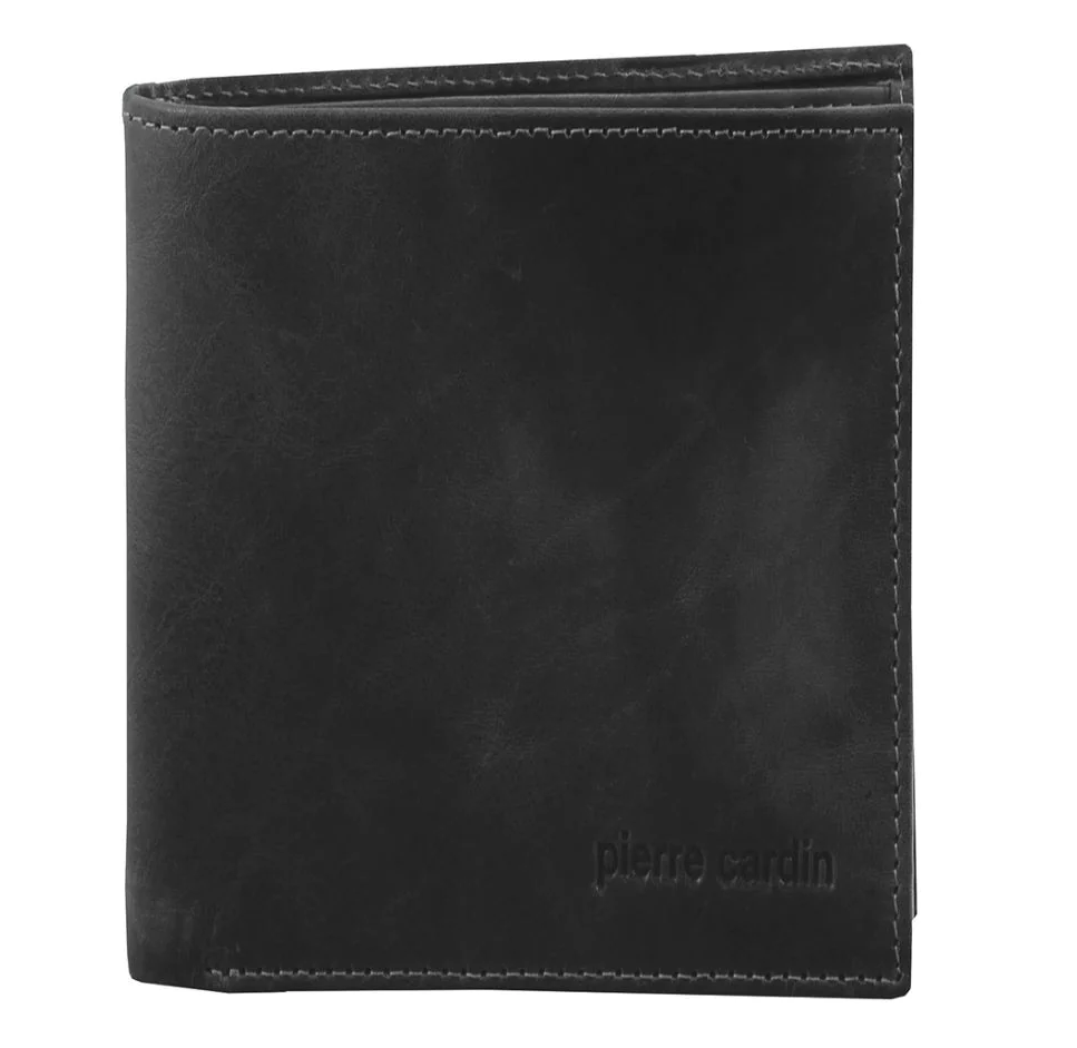 Pierre Cardin Mens Rustic RFID Leather Tri-Fold Wallet Card Holder - Black