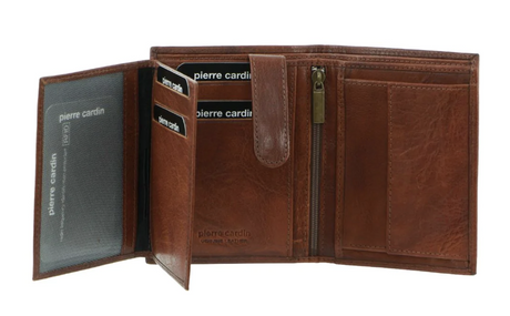 Pierre Cardin Mens Rustic Soft Leather Tri-Fold Wallet Card Holder - Chestnut