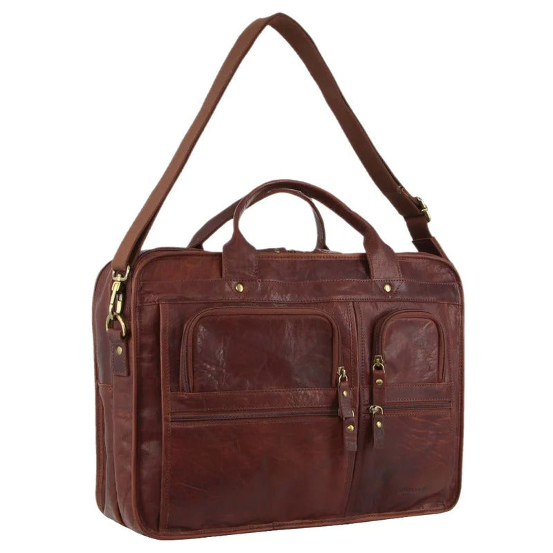 Pierre Cardin Rustic Leather 15" Laptop Computer Messenger Bag - Chestnut