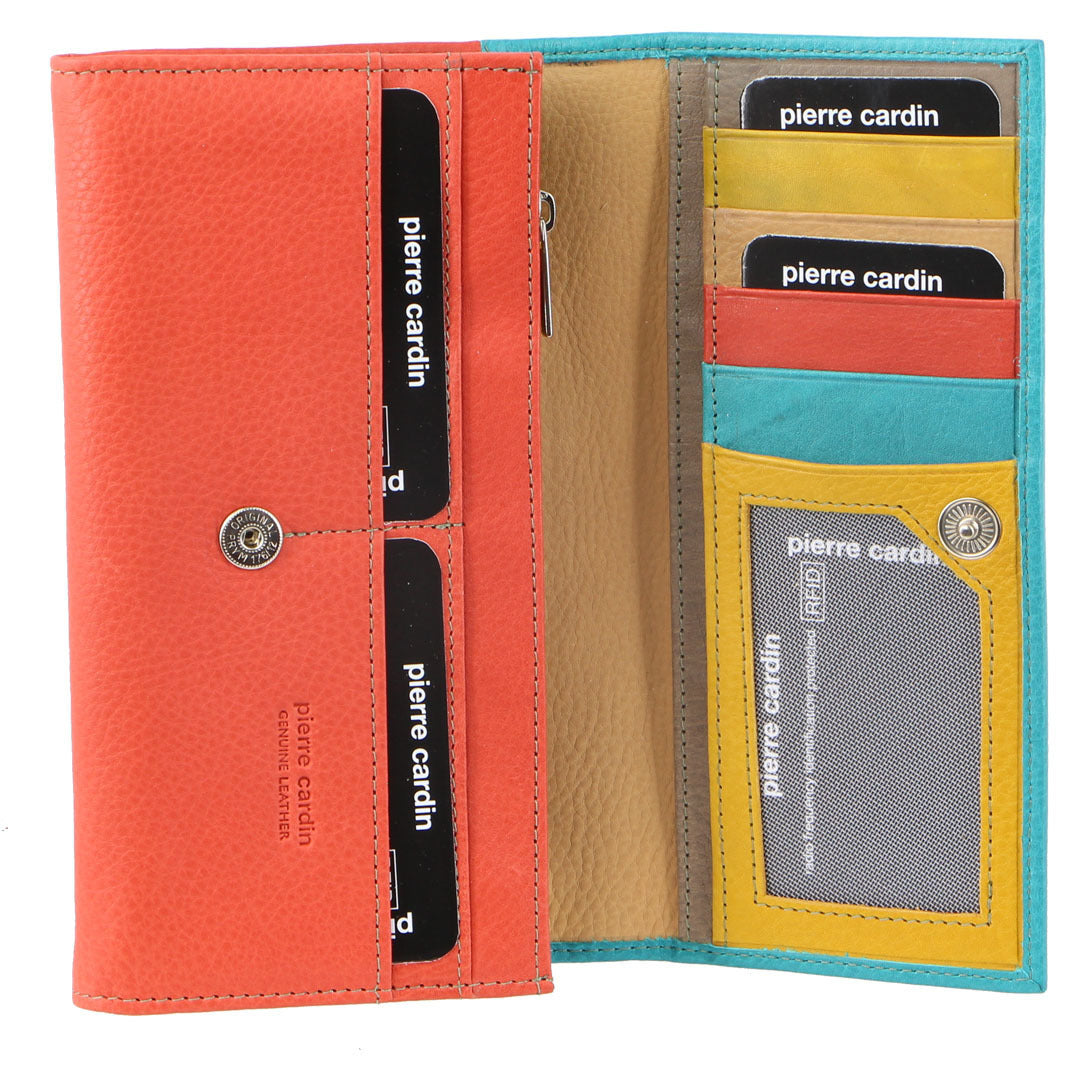 Pierre Cardin Italian Genuine Leather Ladies Wallet - Turquoise/Orange