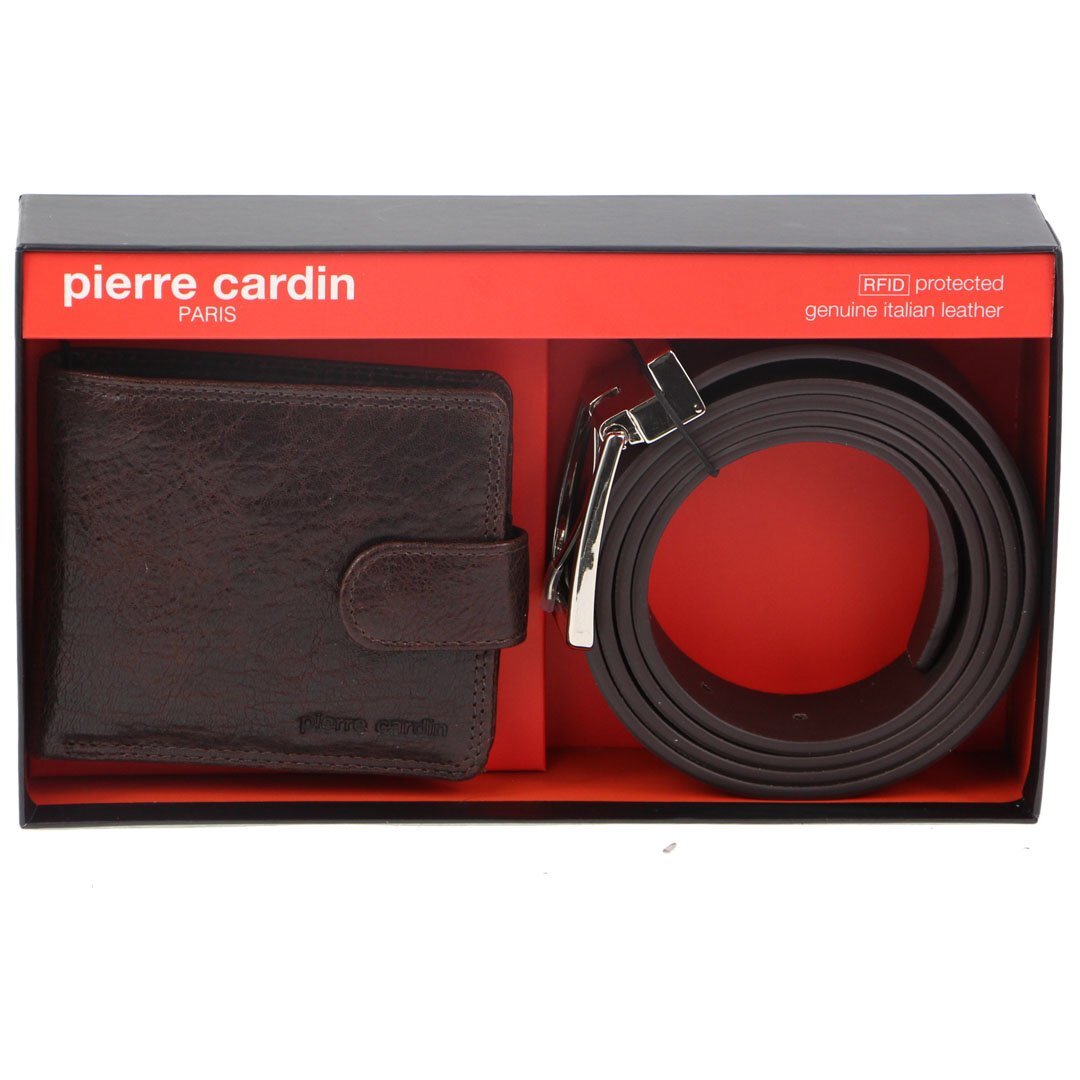 Pierre Cardin Mens RFID Leather Wallet & Belt Gift Set Fathers Day - Chestnut