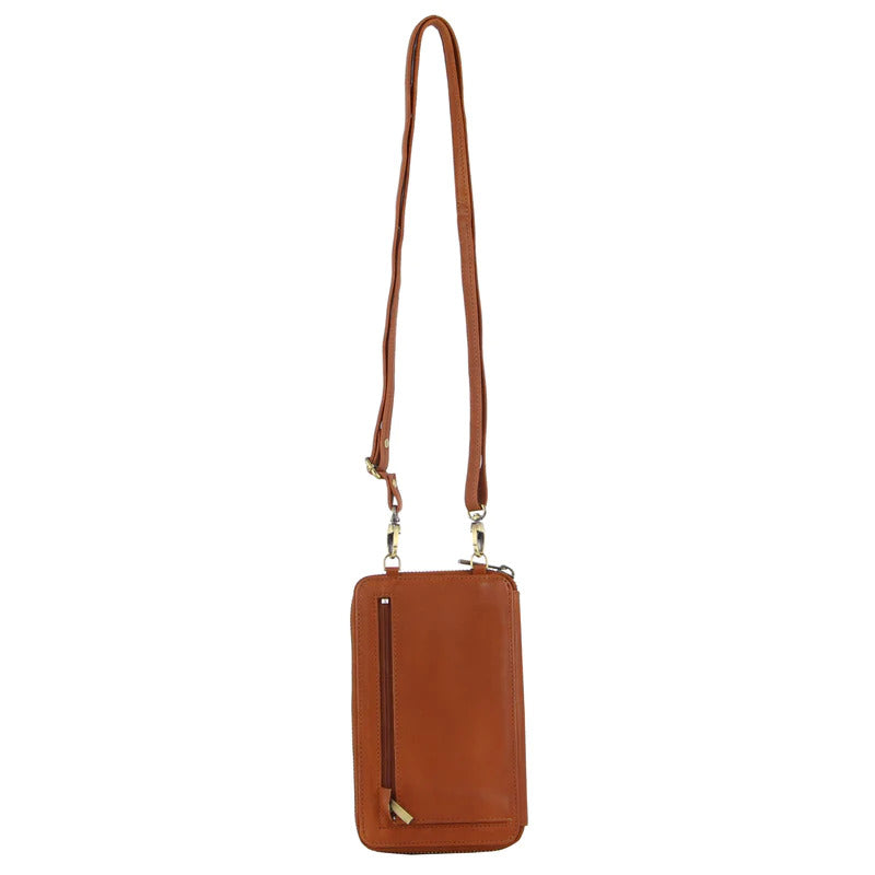 Pierre Cardin Ladies Leather Cross Body Bag/Wallet Bag/Clutch Wallet Small Flap - Cognac