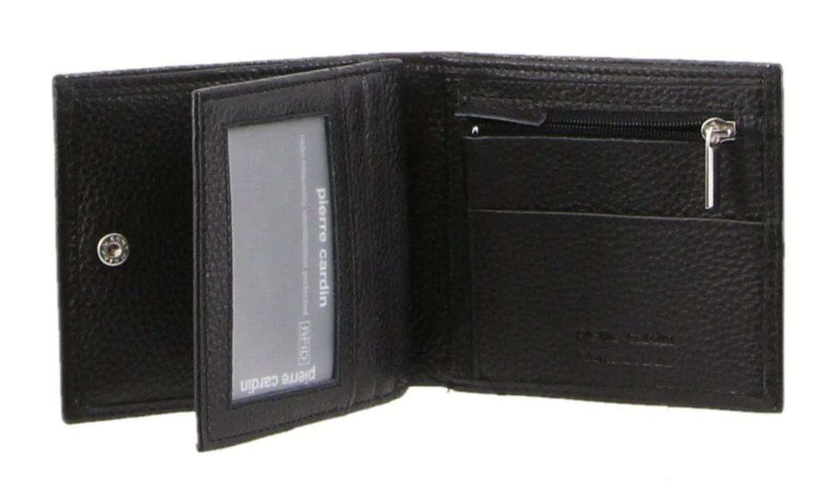 Pierre Cardin Mens Tri Fold Leather Wallet w/ RFID Protection - Black