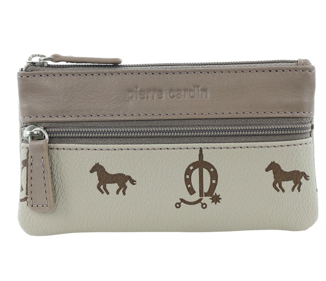 Pierre Cardin Womens Horse Print Genuine Leather RFID Coin Purse Wallet - Beige/Taupe