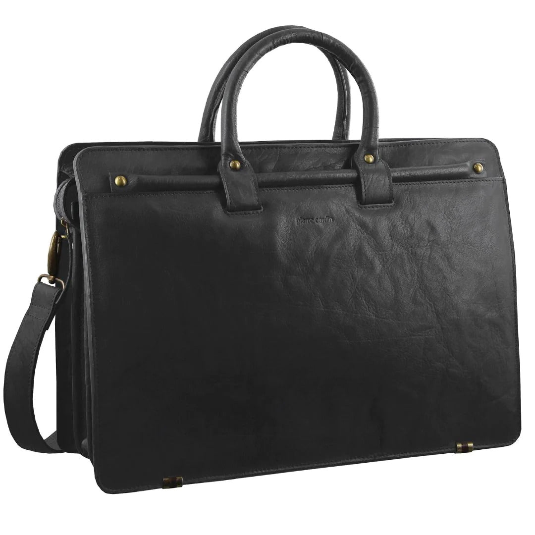 Pierre Cardin Mens Rustic Leather 15" Laptop Computer Shoulder Bag Handbag Briefcase - Black