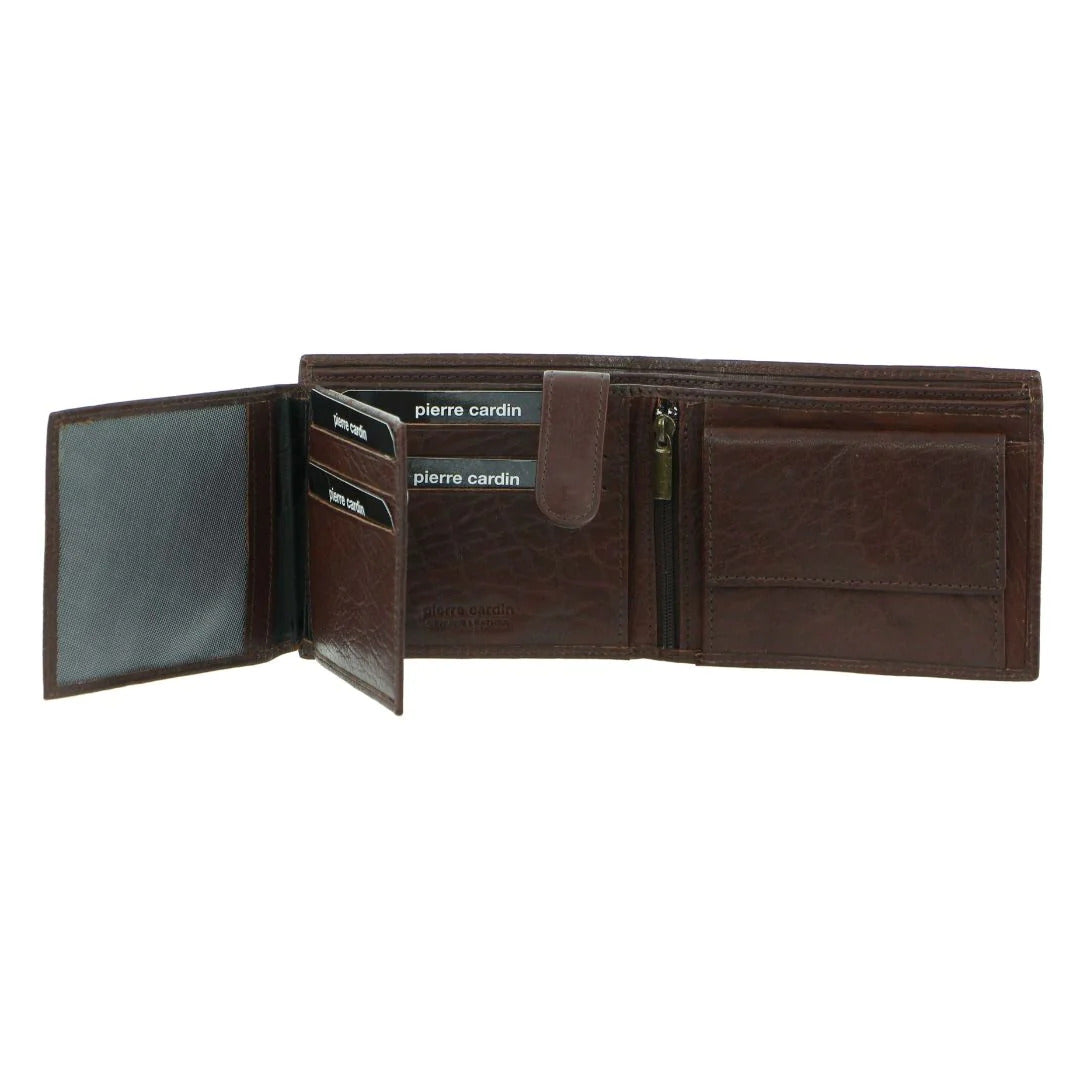 Pierre Cardin Mens Leather Wallet Tri-Fold Credit Card Slots Flap RFID - Brown