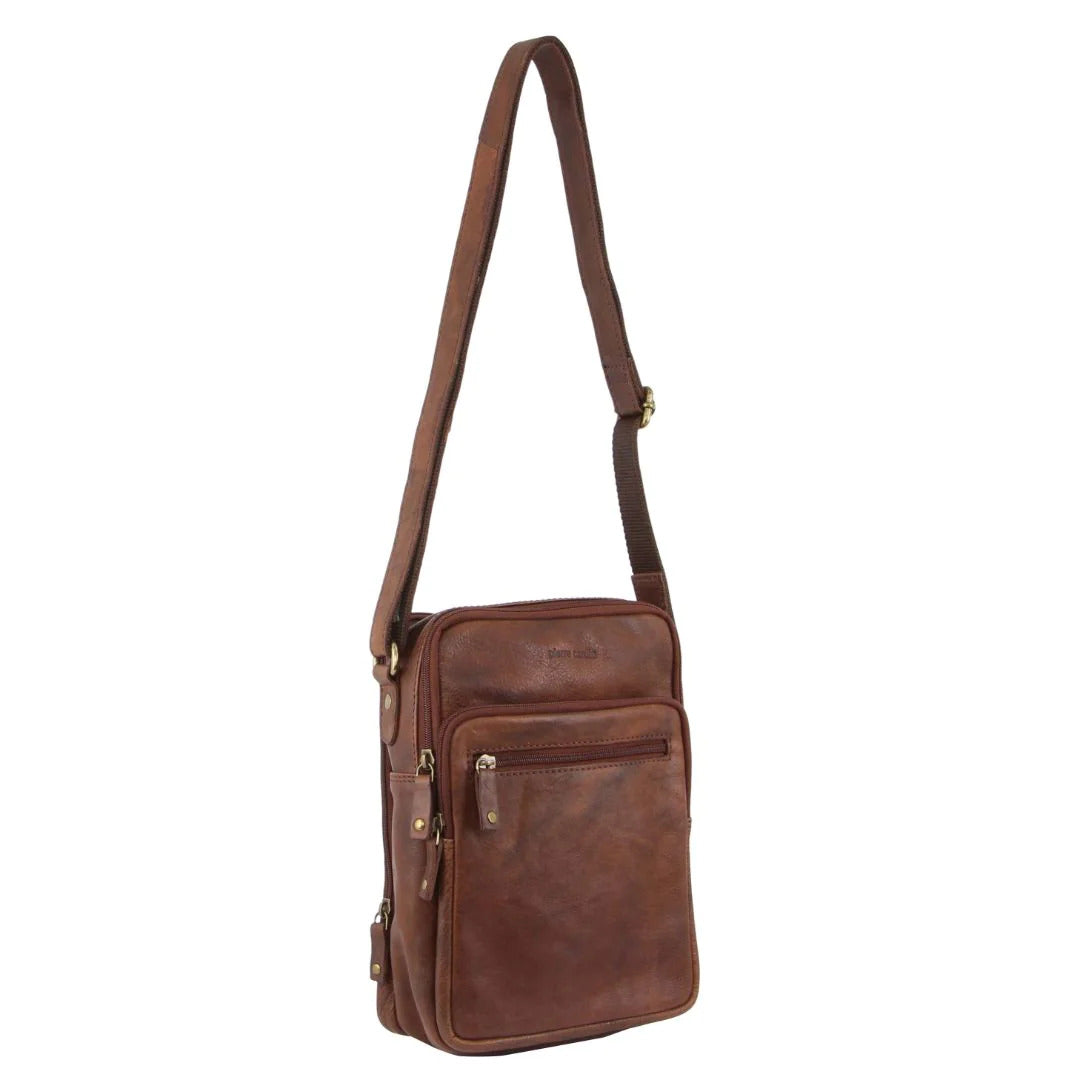 Pierre Cardin Italian Leather Tablet Bag Cross Body Messenger - Chocolate