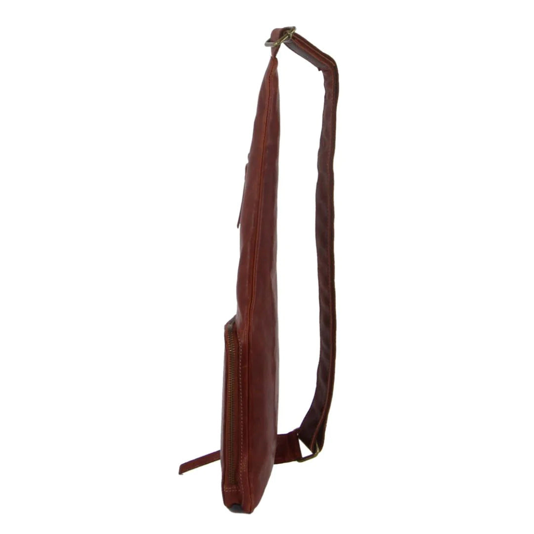 Pierre Cardin Mens Sling Bag Rustic Leather Crossbody Chest Backpack - Chestnut