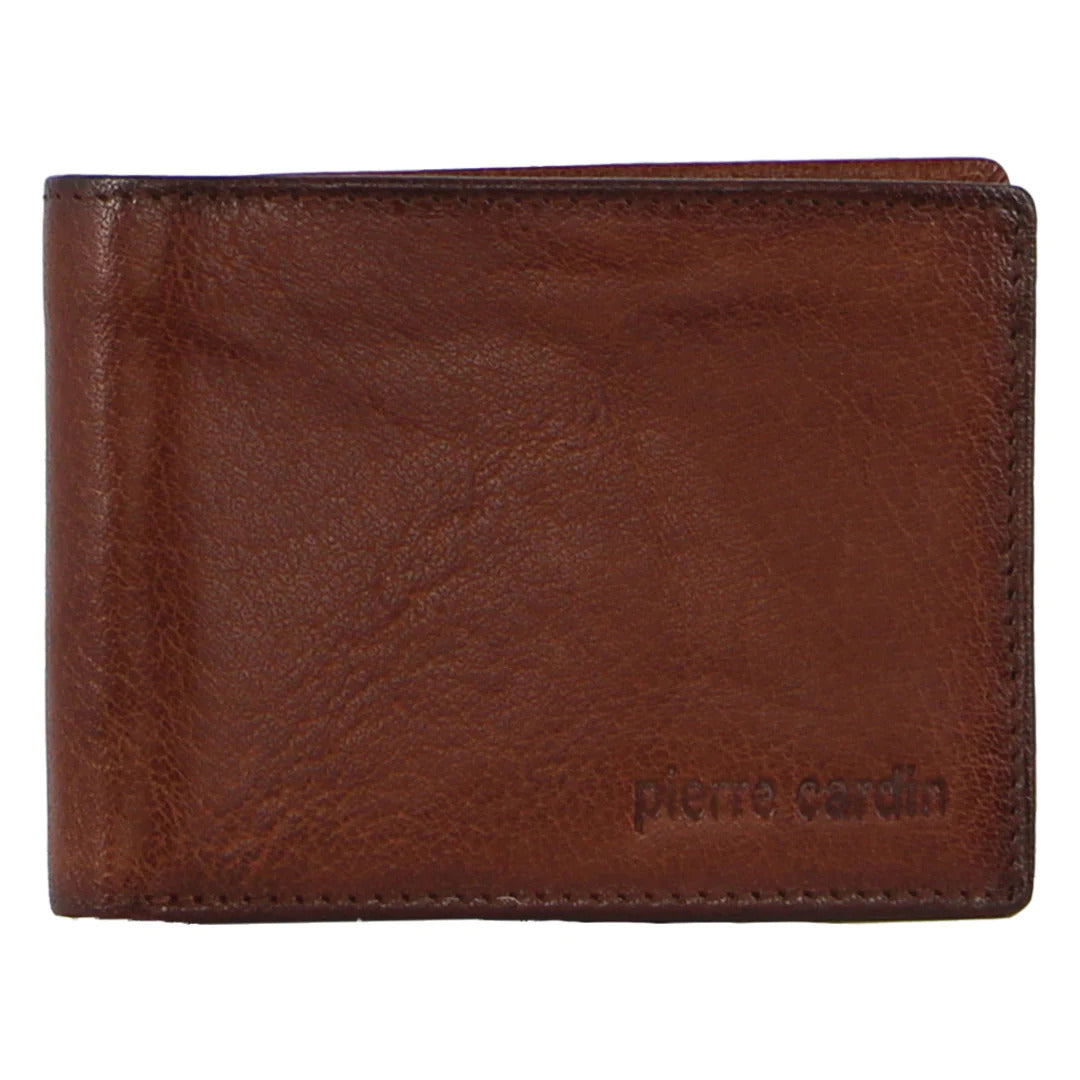 Pierre Cardin Mens Leather Wallet Bi-Fold RFID Credit Card Slots Flap - Tan