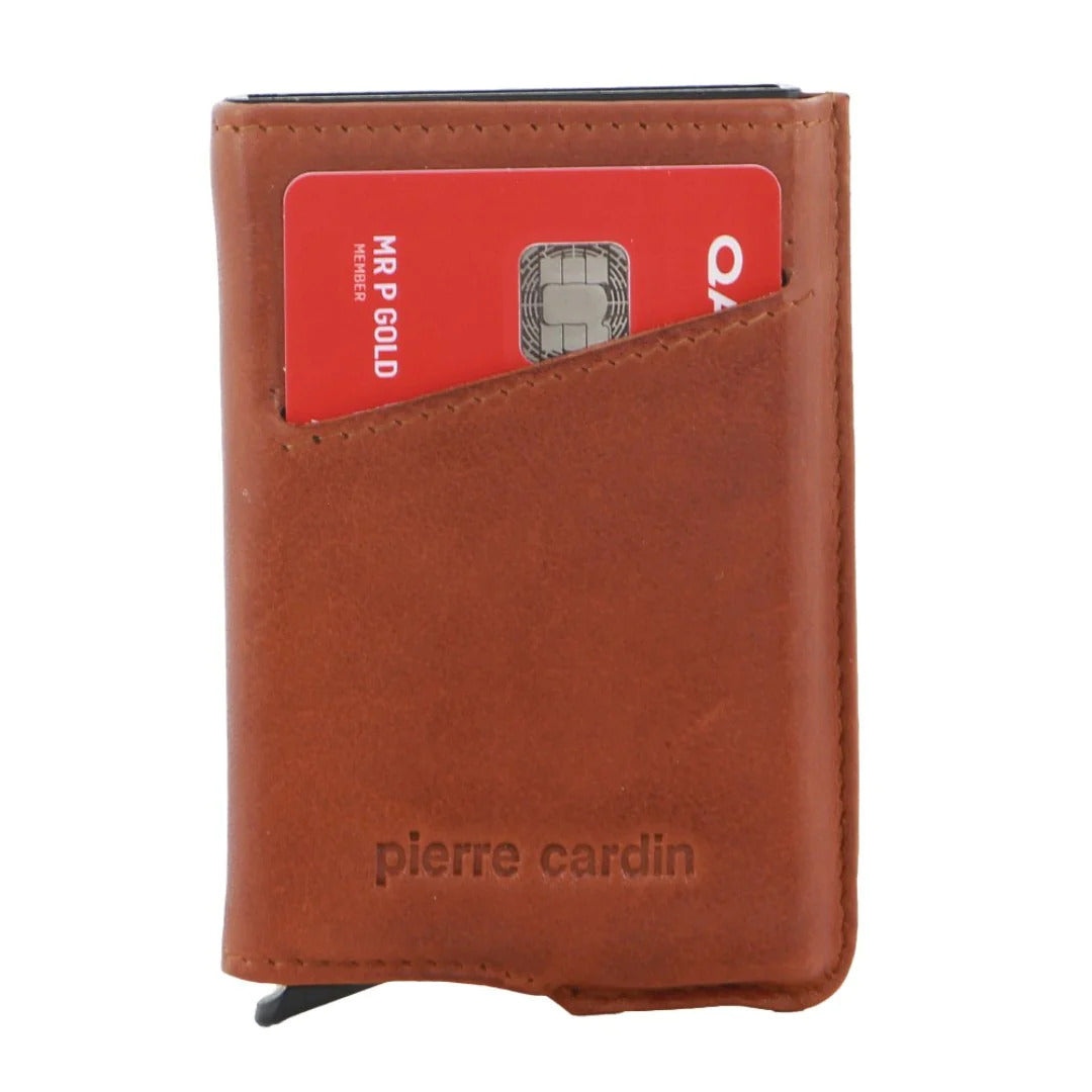 Pierre Cardin Leather Smart Slide Card Holder Tab Wallet RFID - Tan