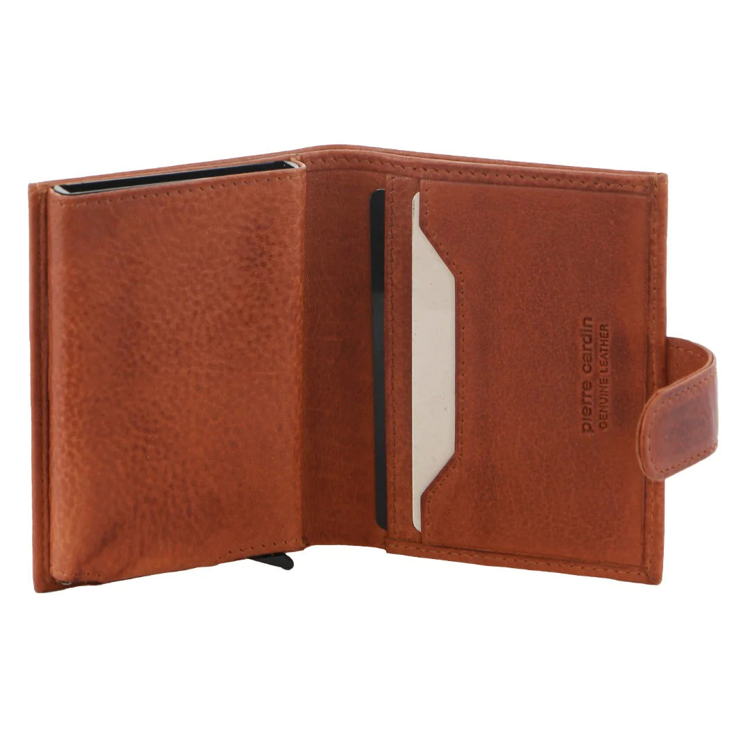 Pierre Cardin Leather Smart Slide Card Holder Tab Wallet RFID - Tan