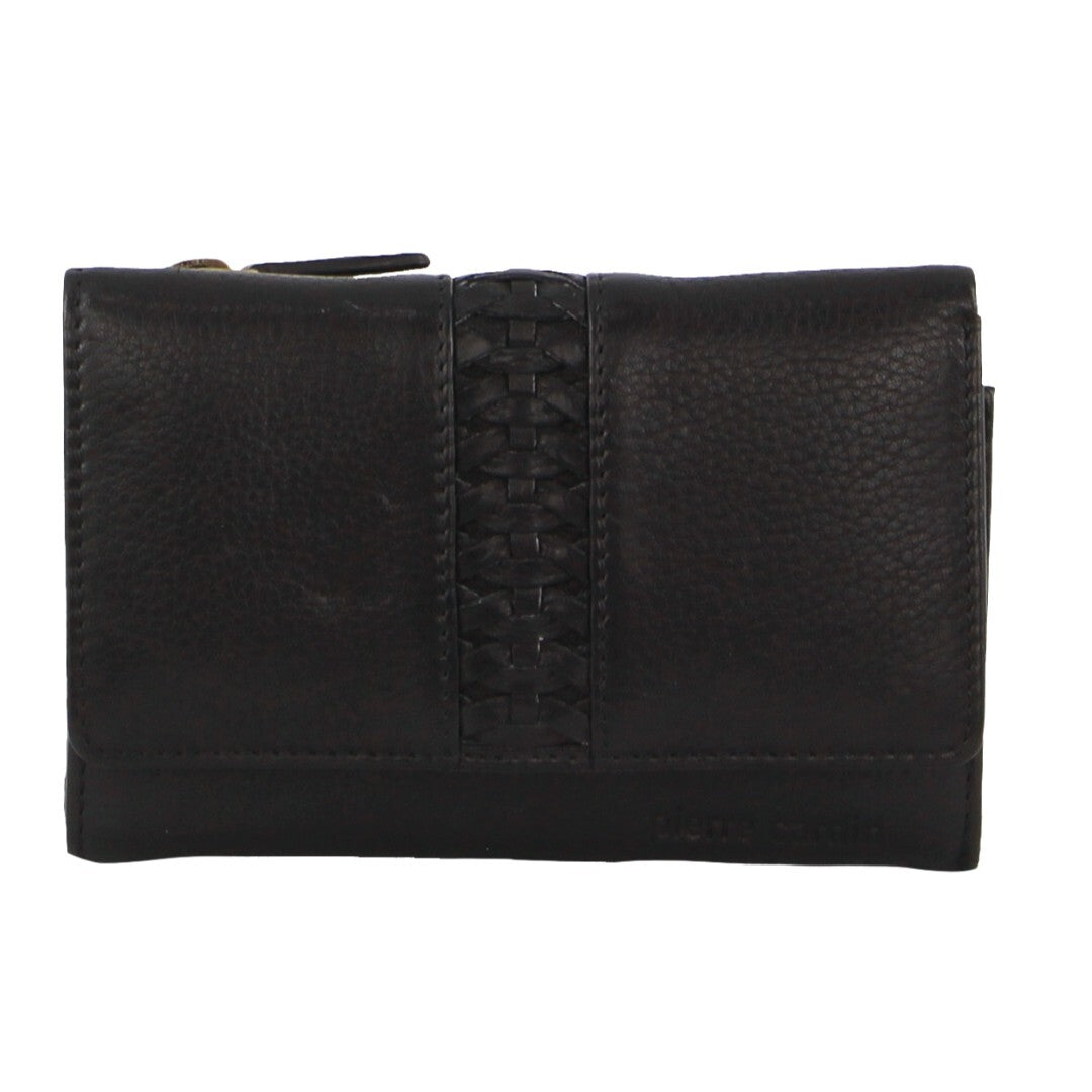 Pierre Cardin Leather Ladies Woven Design Tri-fold RFID Wallet in Black