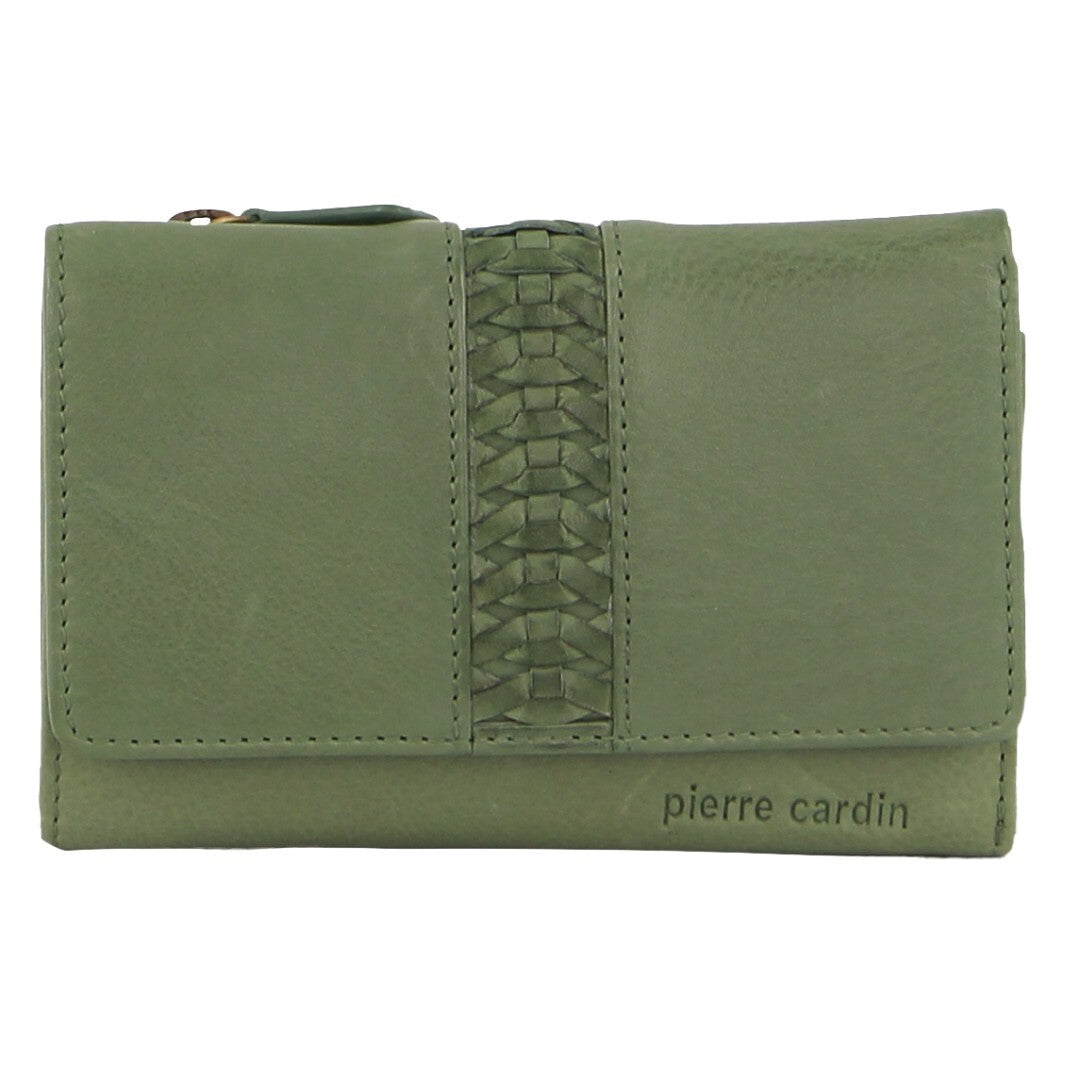 Pierre Cardin Leather Ladies Woven Design Tri-fold Wallet in Leaf Green