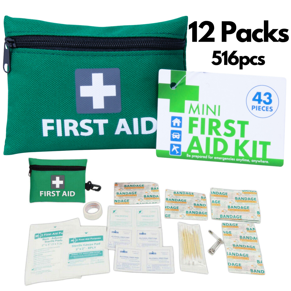 12x Mini First Aid Kit 516pcs Emergency Medical Travel Pocket Set Family Home Car Treatment