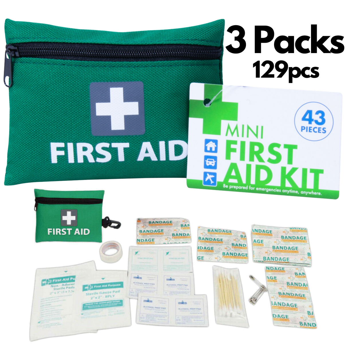 3x Mini First Aid Kit 129pcs Emergency Medical Travel Pocket Set Family Home Car Treatment