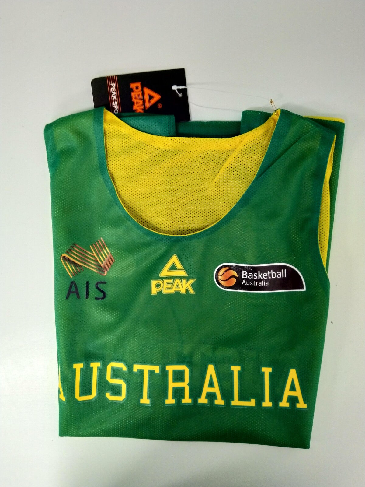 Peak Mens Australia AIS Logo Basketball Trank Mesh Singlet  - Green/Gold