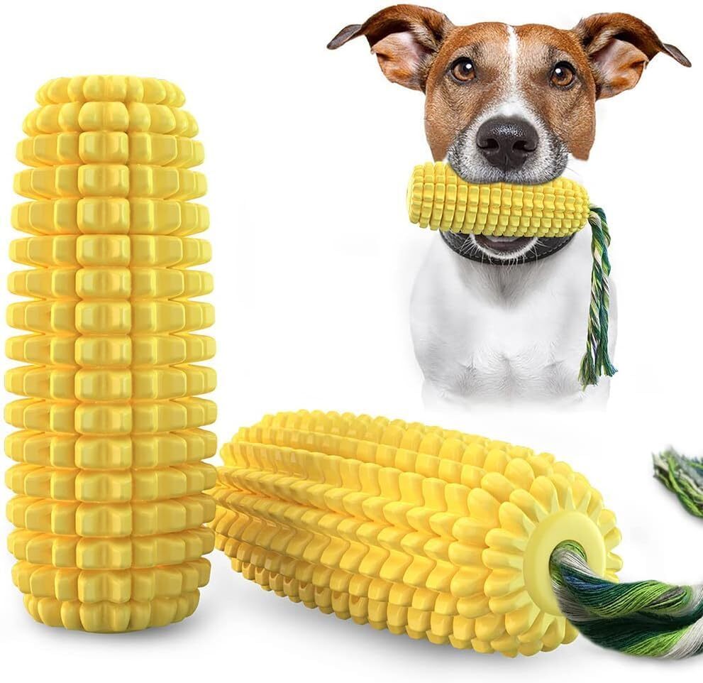 Dog Corn Toothbrush Teeth Cleaner Squeak Chew Toy with Rope in Yellow