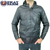 Phat Farm Mens Vinyl Bomber Jacket w/ Hood Warm Winter Pleather Hoodie - Black