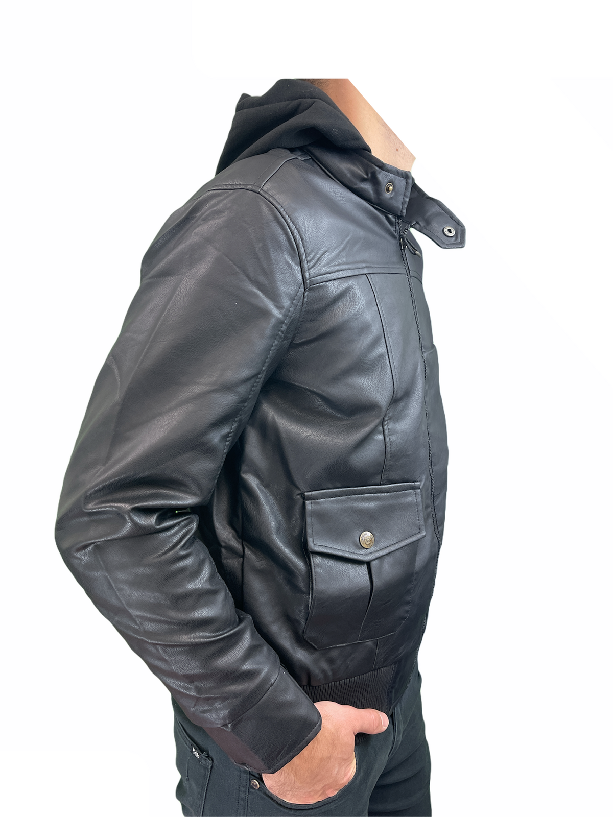 Phat Farm Mens Vinyl Bomber Jacket w/ Hood Warm Winter Pleather Hoodie - Black