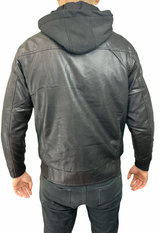 Phat Farm Mens Vinyl Bomber Jacket w/ Hood Warm Winter Pleather Hoodie - Black