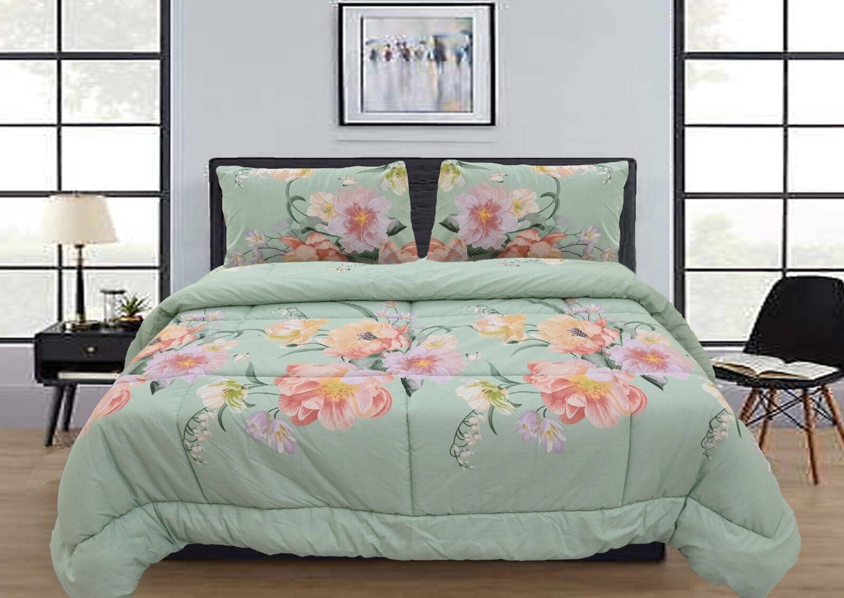 Queen Comforter Set with 2 Pillow Cases in Green Floral