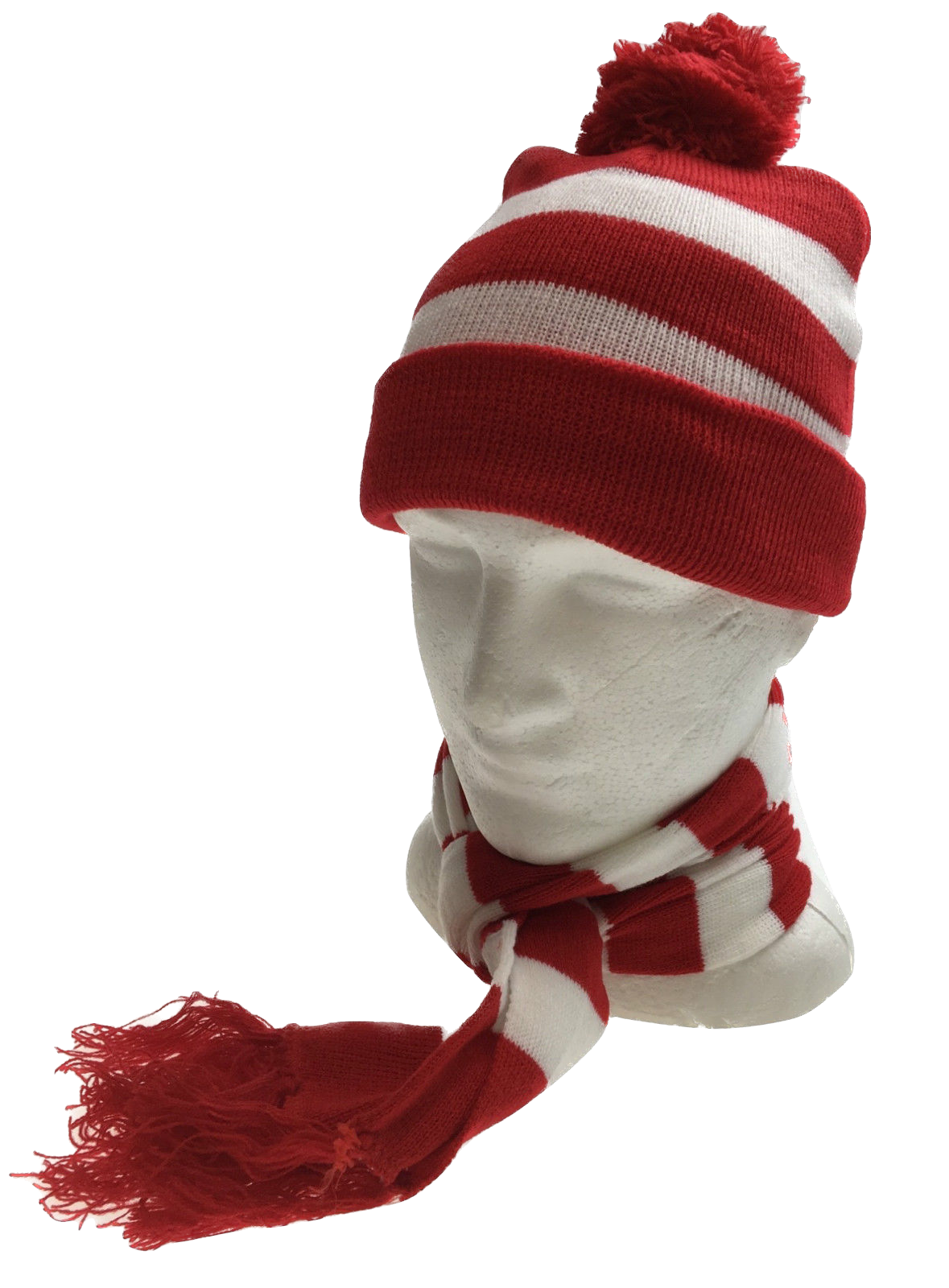 Red White Stripe BEANIE & SCARF SET Hat Where's Wally Waldo Costume Ski Winter Cap