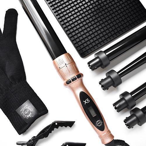 H2D X5 Professional Curling Wand Styling Set Curler w Mat Glove & Clips - Rose Gold